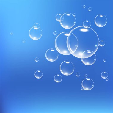 Mavi arka plan üzerinde izole gerçekçi sabun köpüğü küme. vektör çizimi