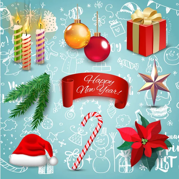 Noel yılbaşı tatil dekorasyon gerçekçi simgeler vektör çizim ayarlayın. Arka plan Christmas Doodles megaset ile — Stok Vektör