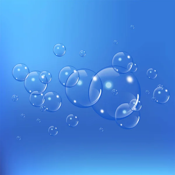 Bolle di sapone realistiche poste isolate sullo sfondo blu. illustrazione vettoriale — Vettoriale Stock