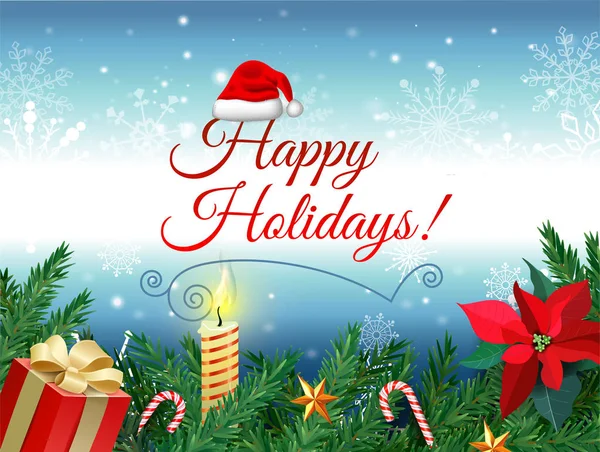 Karácsony és újév. Vektor üdvözlés kártya-val karácsonyfa, díszdobozban, fagyöngy virág, égő gyertya, karamell cukornád — Stock Vector