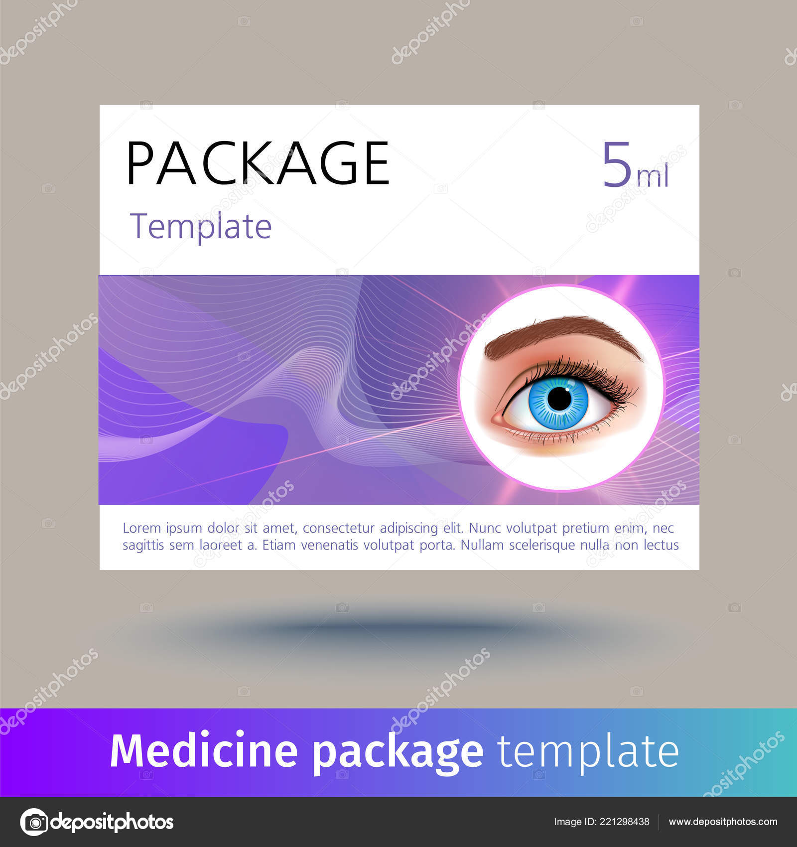 Vector medicine package template with realistic eye. Box with medical