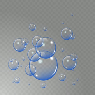 Işık şeffaf arka plan üzerinde izole gerçekçi sabun köpüğü küme. vektör çizimi