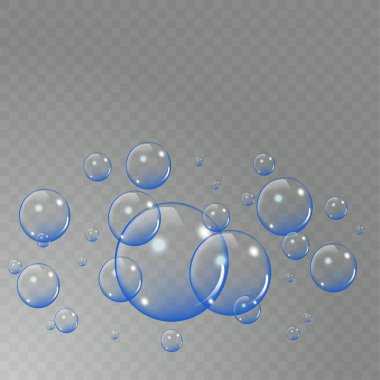 Işık şeffaf arka plan üzerinde izole gerçekçi sabun köpüğü küme. vektör çizimi