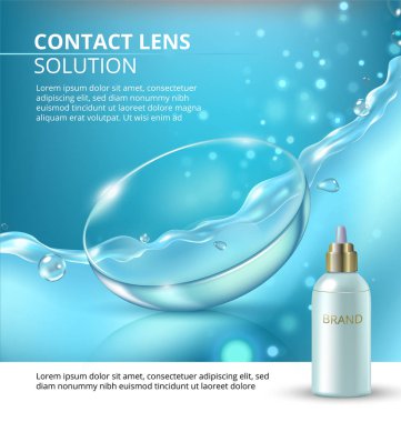 Çözüm reklamlar lens, göz teması, illüstrasyon aşağı dökülen sıvı temizlemek