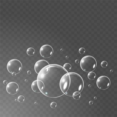 Siyah şeffaf arka plan üzerinde izole gerçekçi sabun köpüğü küme. vektör çizimi