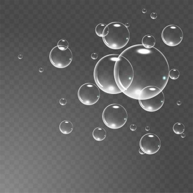 Siyah şeffaf arka plan üzerinde izole gerçekçi sabun köpüğü küme. vektör çizimi