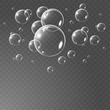 Siyah şeffaf arka plan üzerinde izole gerçekçi sabun köpüğü küme. vektör çizimi