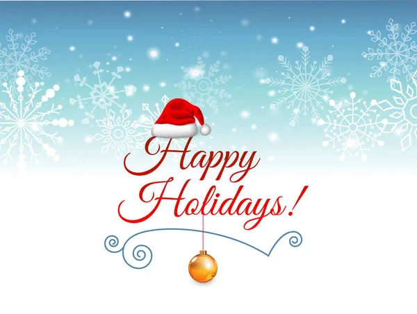 Bandera azul borrosa de invierno con copos de nieve. Sombrero de Santa y bola de juguete para árbol de Navidad en estilo realista. EPS 10 — Vector de stock