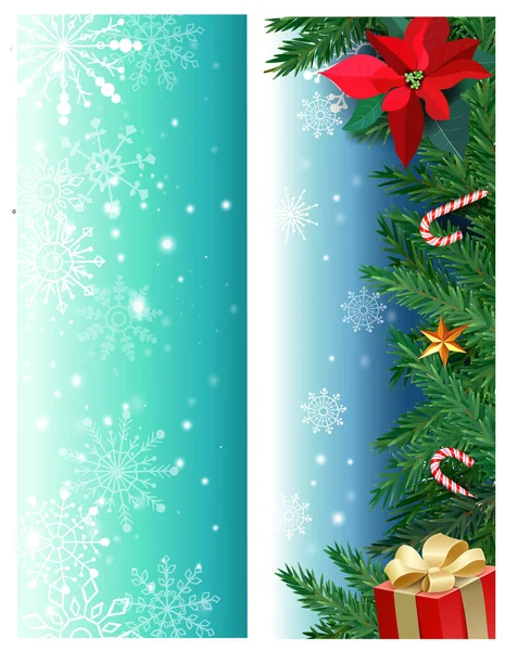 Vector set of Christmas banners with fir branches, holly, mistletoe flower, caramel cane, gift box. — Stock Vector