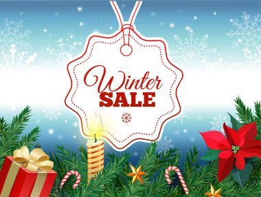 Kış satış etiketi vektör afiş. Kırmızı satış etiketi mevsimlik perakende satış promosyon için beyaz kış kar pul arka plan asılı. Vektör çizim.