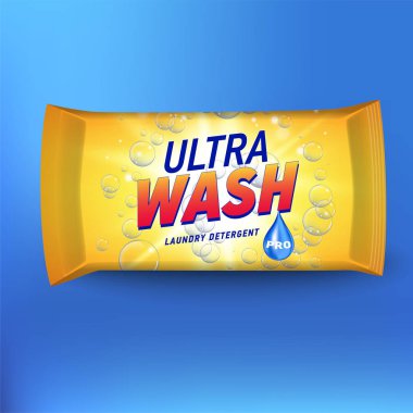 Çamaşırhane deterjan paket tasarım, sarı konteyner yumuşak paketi etiketli 3d illüstrasyon izole mavi arka plan