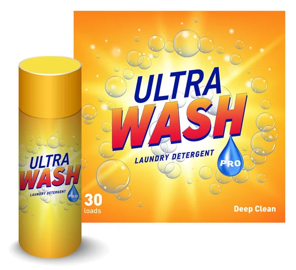 Diseño del paquete del detergente de la ropa, botella amarilla del envase con la etiqueta en la ilustración 3d aislada sobre fondo blanco — Vector de stock