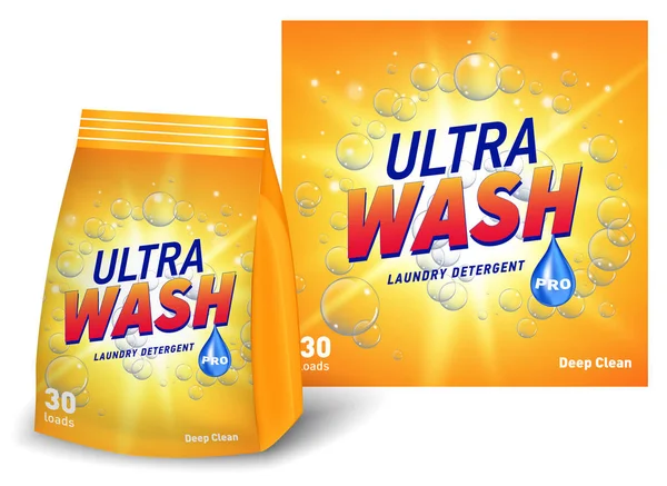 Diseño del paquete de detergente de lavandería, envase amarillo paquete suave con etiqueta en la ilustración 3d aislado sobre fondo blanco — Vector de stock