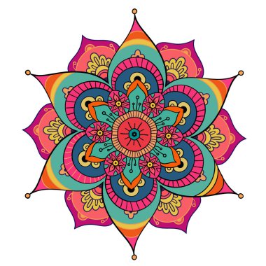 Mandala beyaz yuvarlak arka plan izole. Vektör boho mandala yeşil ve pembe renklerde. Mandala çiçek desenleri ile. Yoga şablonu