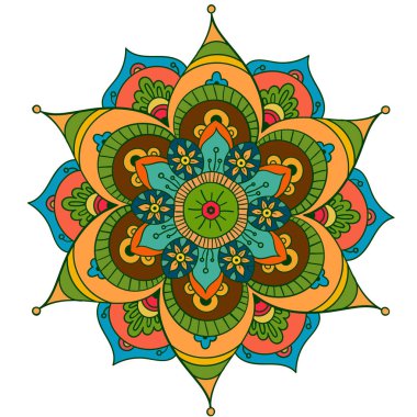 Mandala beyaz yuvarlak arka plan izole. Vektör boho mandala yeşil ve pembe renklerde. Mandala çiçek desenleri ile. Yoga şablonu
