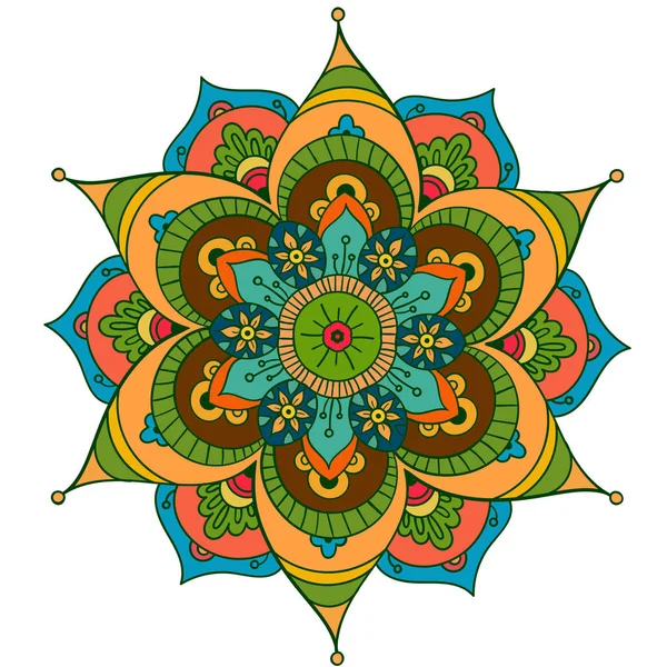 Mandala rotondo su sfondo bianco isolato. Mandala vettoriale boho nei colori verde e rosa. Mandala con motivi floreali. Modello di yoga — Vettoriale Stock