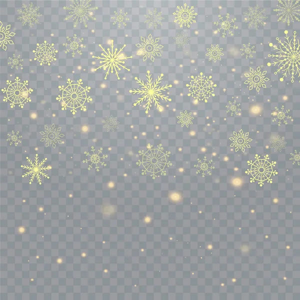 Weihnachten fallen Schnee Goldglitzerpartikel auf einem transparenten Glitzerhintergrund. abstrakter Schneeflockenhintergrund. Vektorillustration — Stockvektor