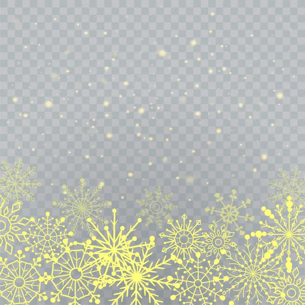 Weihnachten fallen Schnee Goldglitzerpartikel auf einem transparenten Glitzerhintergrund. abstrakter Schneeflockenhintergrund. Vektorillustration — Stockvektor