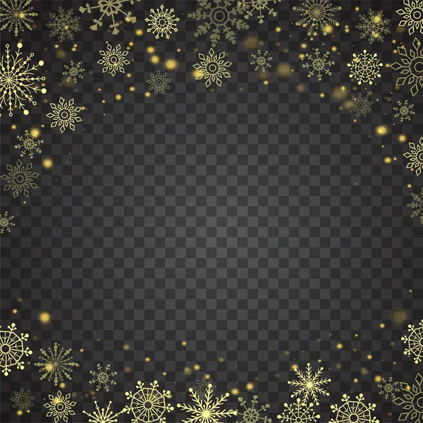 Kerst vallende sneeuw gouden glitter deeltjes op de achtergrond van een transparante sparcle. Abstracte Sneeuwvlok achtergrond. Vectorillustratie — Stockvector