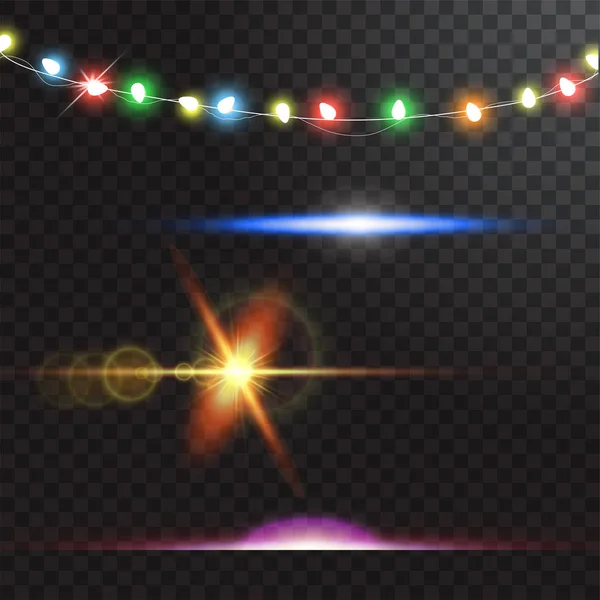 Abstrato criativo natal guirlanda luz isolada no fundo. modelo. Arte clipart ilustração vetorial para decoração de férias de Natal. Concepção elemento de design ideia. Lâmpada luminosa realista. Luz de incandescência — Vetor de Stock