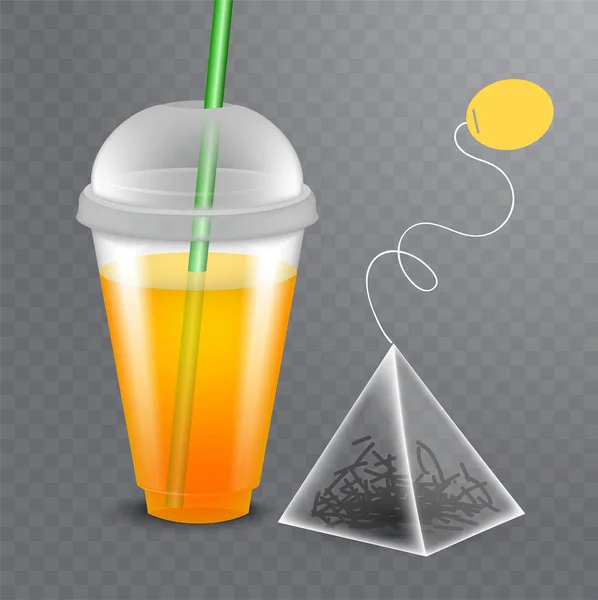 Image vectorielle d'un sachet de thé avec le verre de thé en plastique . — Image vectorielle