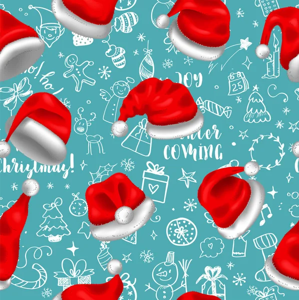 Buntes nahtloses Muster mit roten Weihnachtsmützen auf blauem Hintergrund mit Kritzeleien, für Ihr Weihnachtsdesign — Stockvektor
