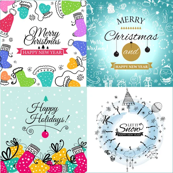 Colorful Seamless Pattern Red Santa Hats Blue Background Doodles Your — Stock Vector