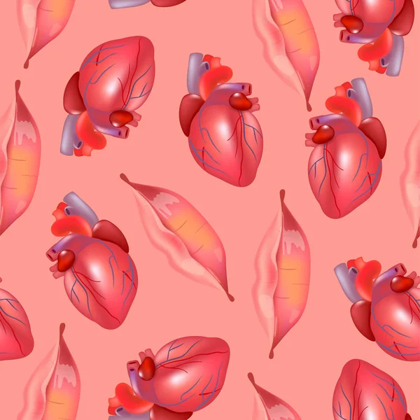 Fondo sin costuras vectorial con labios rojos realistas, corazones. Ilustración de moda. Los labios imprimen papel de regalo. Bueno para el diseño del paquete — Archivo Imágenes Vectoriales