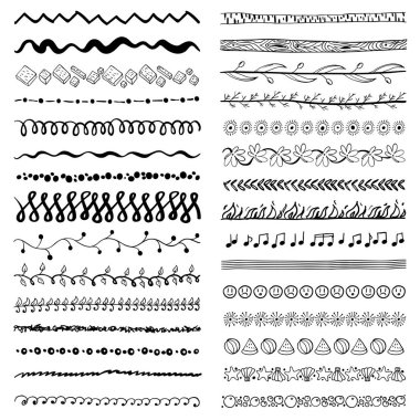 Mevsimlik süsler. Doodle desenleri. Dekoratif tasarım öğeleri. Şerit, sınır, bölücü, desen, sembol kümesi. Doodle karikatür çerçeve kümesi.