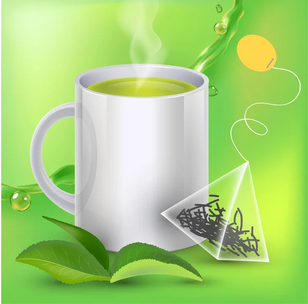 Zöld tea zászló címek-val tea levelek, zöld háttérrel, reális splash tea, tea bag a 3D-s illusztráció — Stock Vector