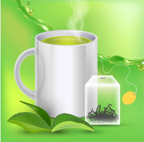 Zöld tea zászló címek-val tea levelek, zöld háttérrel, reális splash tea, tea bag a 3D-s illusztráció — Stock Vector