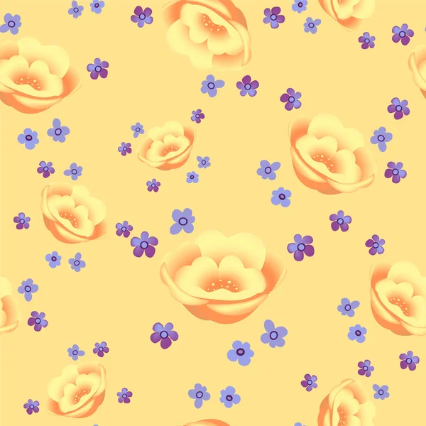 咲く黄色い花植物モチーフの花のシームレスなパターンはランダムの点在しています。シームレス テクスチャです。ファッションのためのエレガントなテンプレートを印刷します。パステル調の背景に手描きのスタイルで印刷. — ストックベクタ