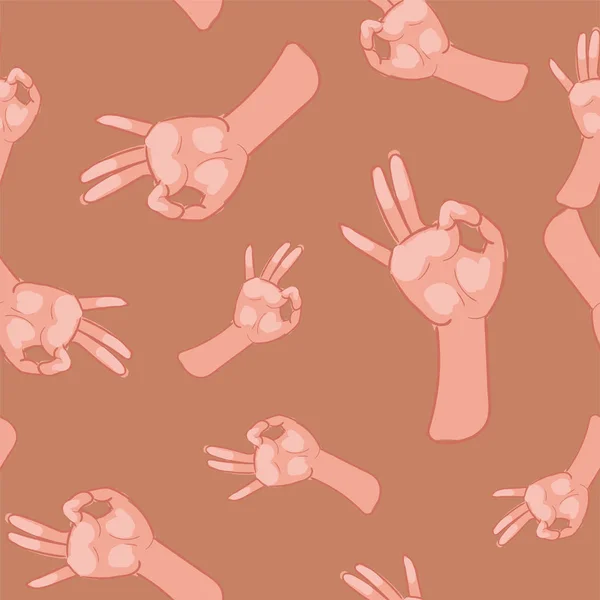 Mönster föreställande illustrationer av den mänskliga handen i seger gest. Sömlöst repeterbara. — Stock vektor