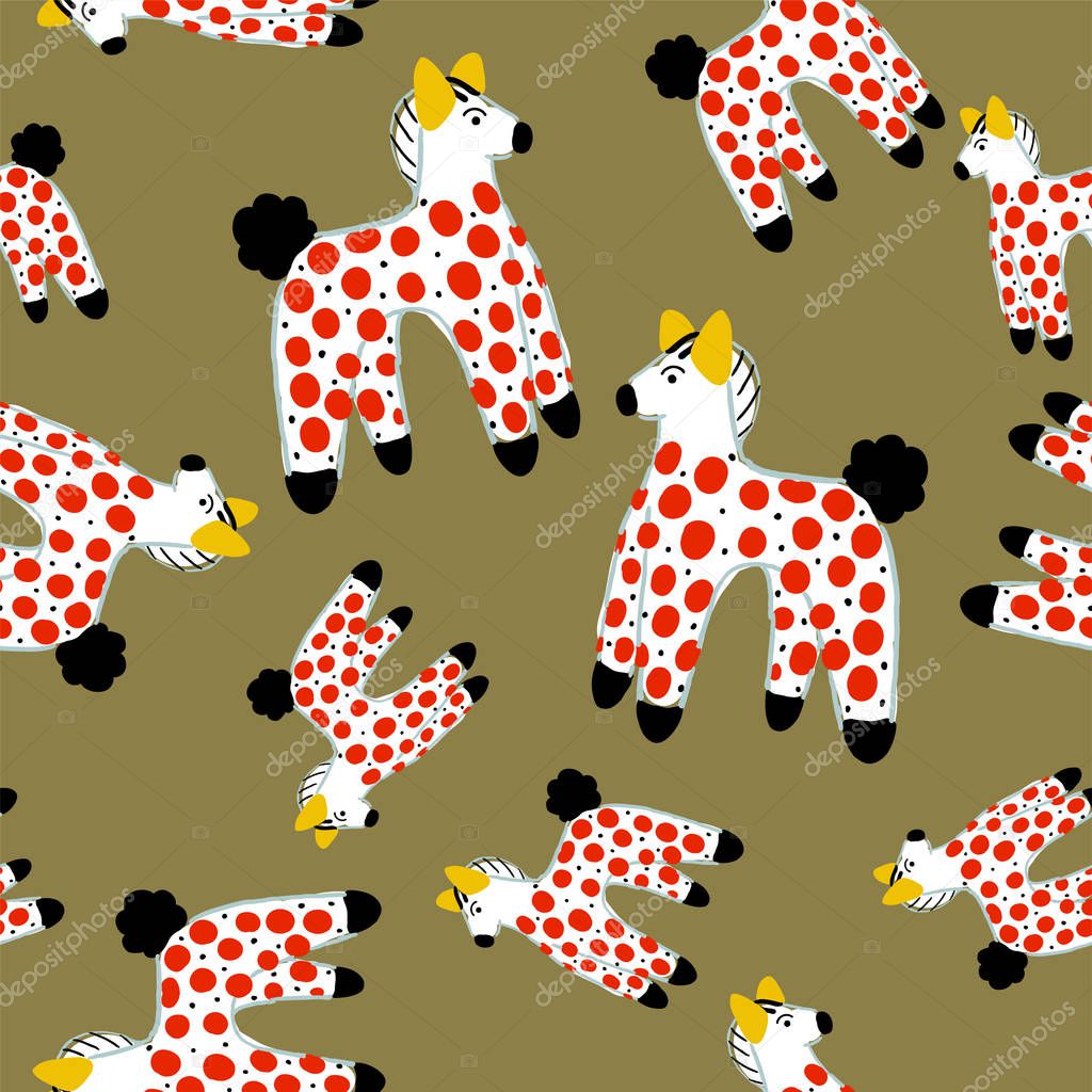 Beautiful seamless pattern with horse in Russian Dymkovo style. Vector illustration.
