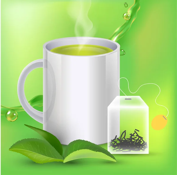 Zöld tea zászló címek-val tea levelek, zöld háttérrel, reális splash tea, tea bag a 3D-s illusztráció — Stock Vector