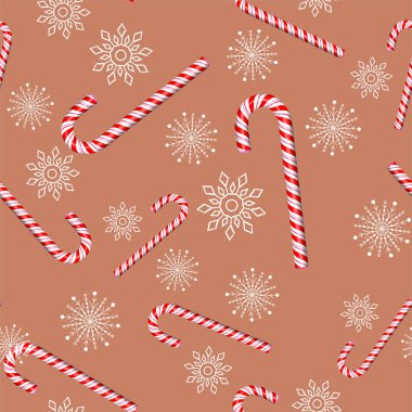 şeker kamışı bir kahverengi zemin neşeli Noel desenini sorunsuz. Kar taneleri