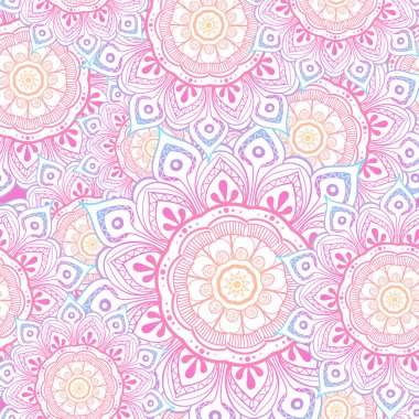 Doğulu mandalalarla kusursuz çok renkli desenler. Hippi mandala deseni. Kaleydoskop elementleri. Kumaş, duvar kağıdı veya paket baskısı