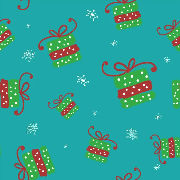 Padrão sem costura de Natal verde vetorial com caixas de presente doodle . — Vetor de Stock