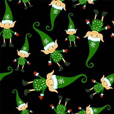 Siyah arka plan üzerinde Noel doodle elf seamless modeli. Sevimli kış tatil arka plan. Tekstil, kumaş, dekor için bebek tasarım.
