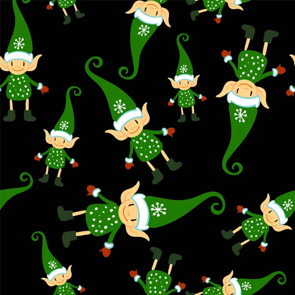 Christmas doodle elf seamless pattern on black background. Cute winter holidays background. Baby design for textile, fabric, decor.
