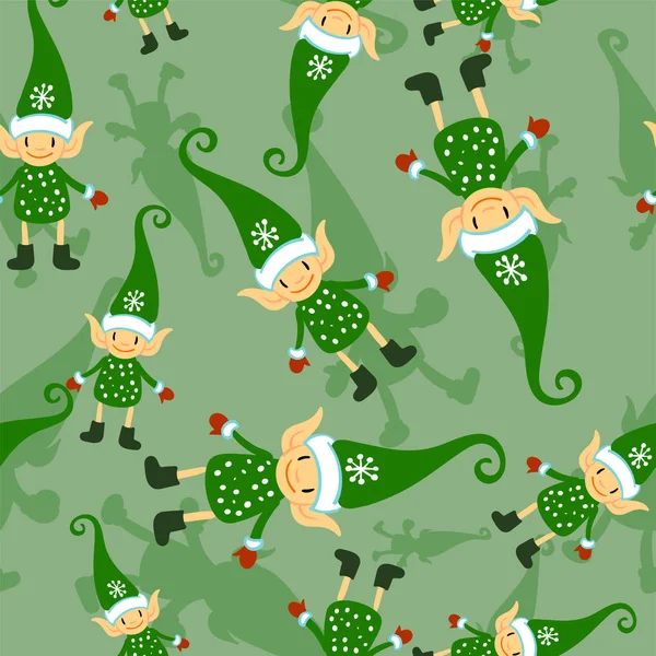 Natal doodle elfo sem costura padrão no fundo verde escuro. Férias de inverno bonito fundo. Design de bebê para têxteis, tecido, decoração . —  Vetores de Stock