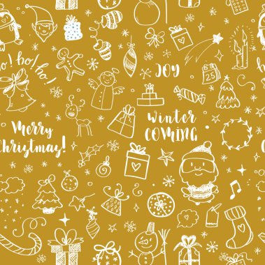 Kusursuz Karalama Noel Şablonu. Çizgi film, sınırsız arka plan. Noel ağacı ve takılar, Noel Baba çorabı, şapka ve sakal, ökseotu, hediyeler, şeker kamışları, kardan adam, girdaplar, zencefilli ekmek adam, geyik.