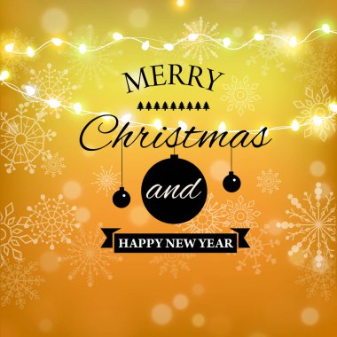 Neşeli Noel altın harflerle tasarım parıltı. Noel tebrik kartı, poster, afiş. Altın ışıltılı kar, kar taneleri, siyah zemin üzerine beyaz noktalar.