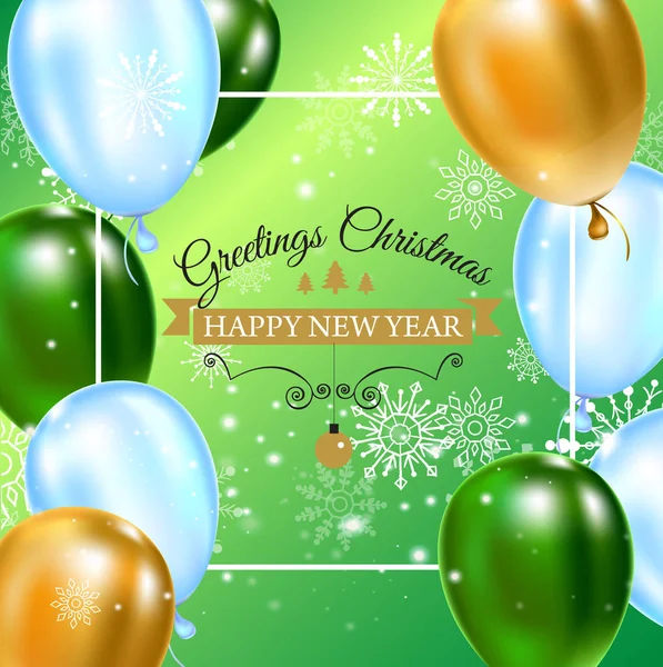 Plantilla de fondo de celebración con globos, confeti y copos de nieve sobre fondo verde con texto o insignia diseñados . — Vector de stock