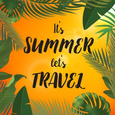 Tropikal palmiye tasarım metni kartı için bırakır. Bu s yaz izin teklif seyahat s.