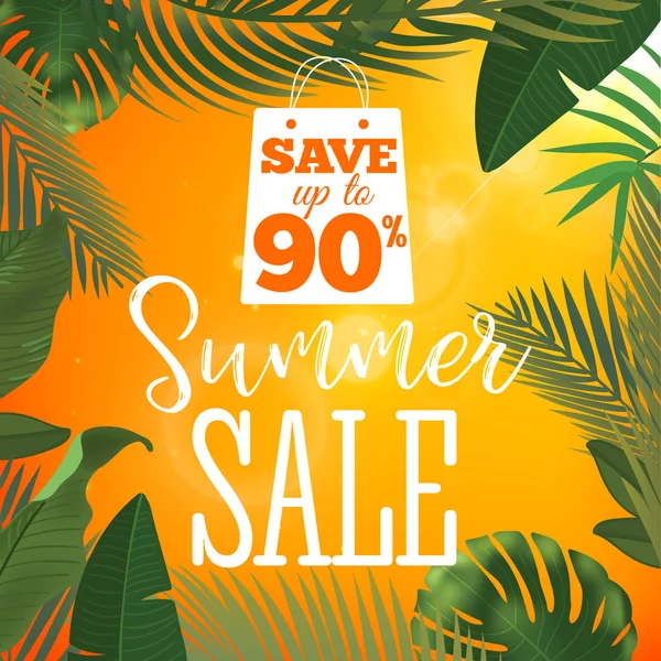 Sommar försäljning banner. Vektorillustration med tropiska blommor och palm lämnar. Realistiska solen flare. Mall för annons eller web design. — Stock vektor