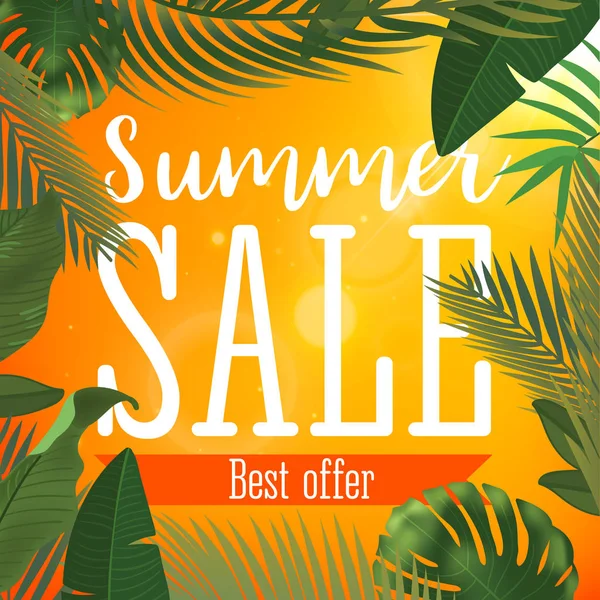 Sommar försäljning banner. Vektorillustration med tropiska blommor och palm lämnar. Realistiska solen flare. Mall för annons eller web design. — Stock vektor