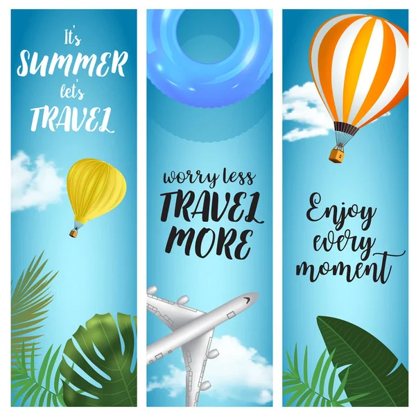 Set of vector vertical summer travel banners with colored ballon, inflatable ring, plane and palm leaves. — Stock Vector