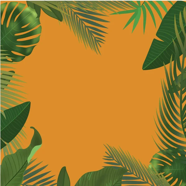 Hintergrund mit realistischen grünen Palmblätterzweigen auf orangefarbenem Hintergrund. flache Lage, Draufsicht — Stockvektor