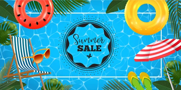 Zomer verkoop banner met realistische opblaasbare ringen met chaise lounge, zonnebril, beach paraplu en leien en tropische bladeren achtergrond, exotische bloemdessin. — Stockvector